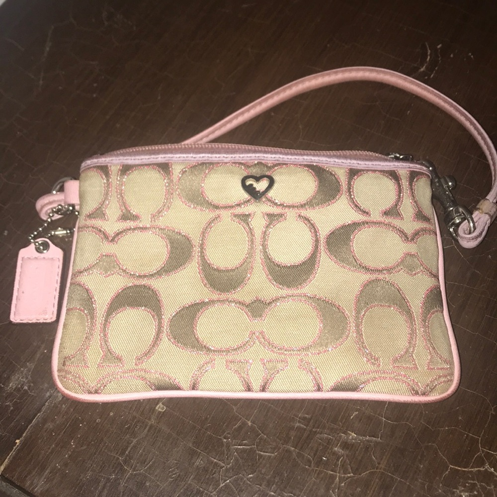 Coach wristlet wallet beige and pink with sparkles